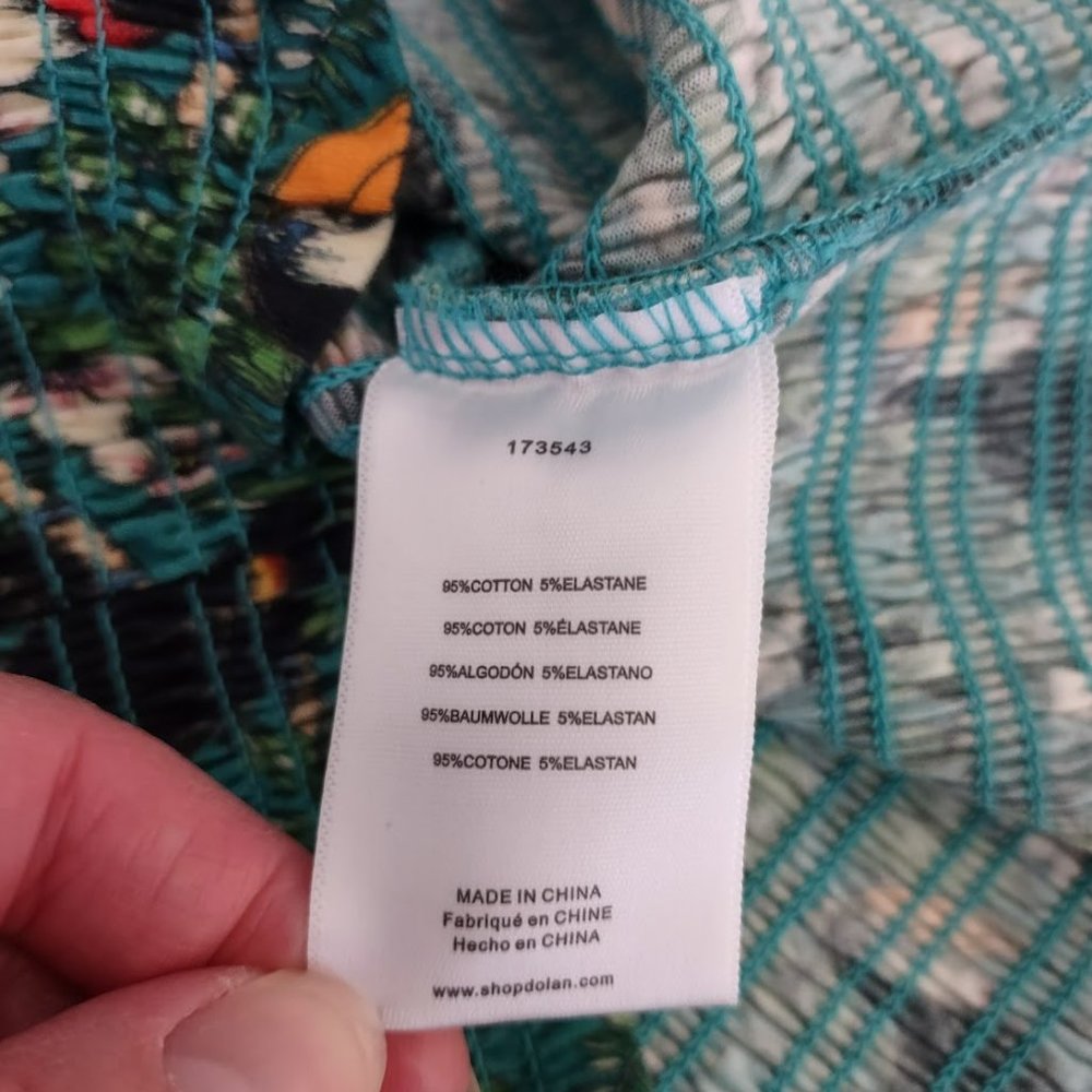 Dolan Left Coast Green Smocked Puffy Sleeve Tropical Print Summer Top - Picture 10 of 11